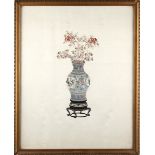 A Chinese embroidered silk panel depicting a vase of flowers, early 20th century, mounted in a