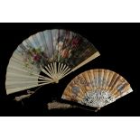 Property of a lady - a late 19th / early 20th century painted silk fan with carved bone sticks, 13.