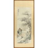 An early 20th century Chinese painting on paper depicting a river landscape with three figures & two