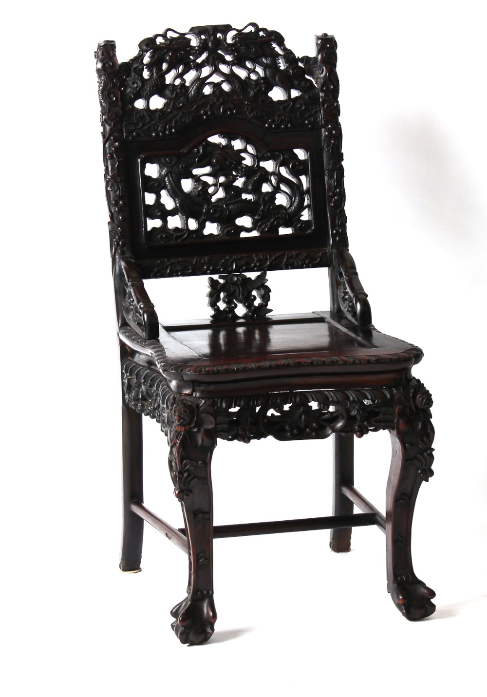 A Chinese profusely carved hongmu side chair, late 19th / early 20th century, with panelled seat & - Image 2 of 2