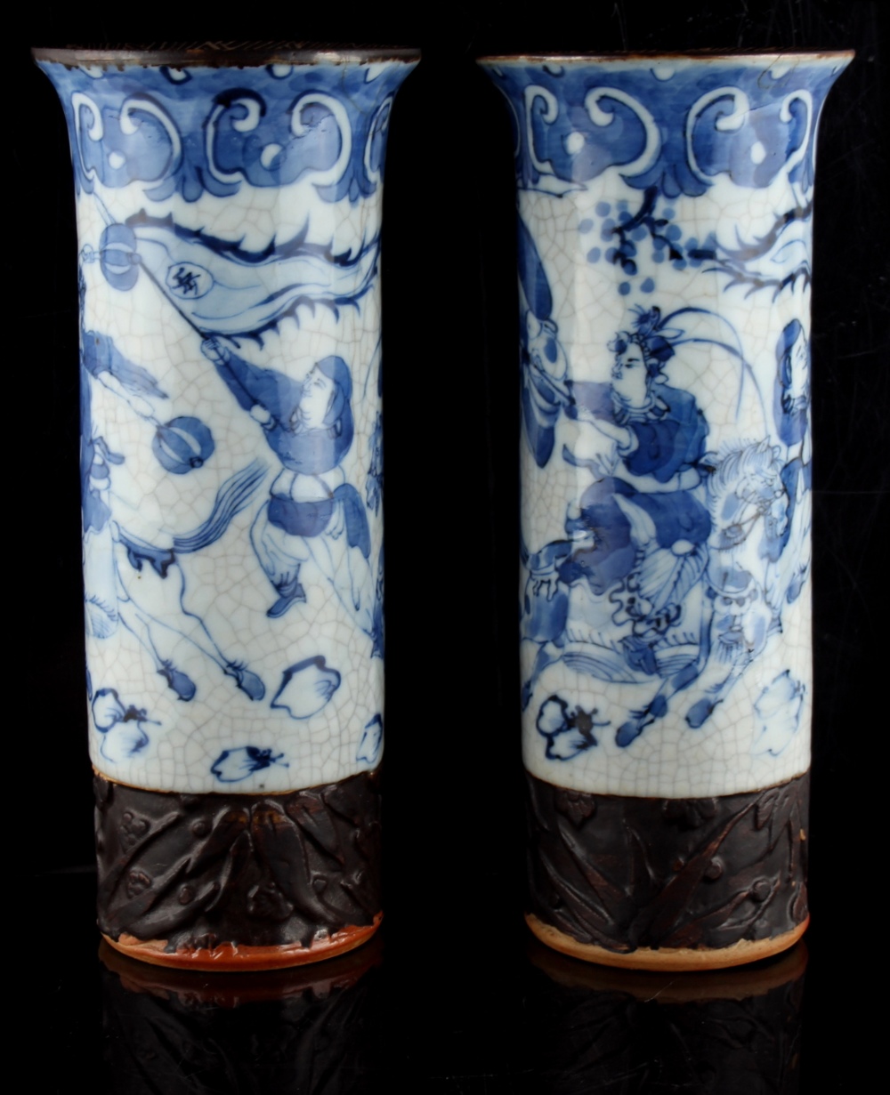 Property of a lady - a pair of Chinese blue & white crackleware trumpet vases, late 19th / early