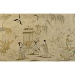 A late 19th / early 20th century Chinese embroidered silk panel depicting three figures in garden