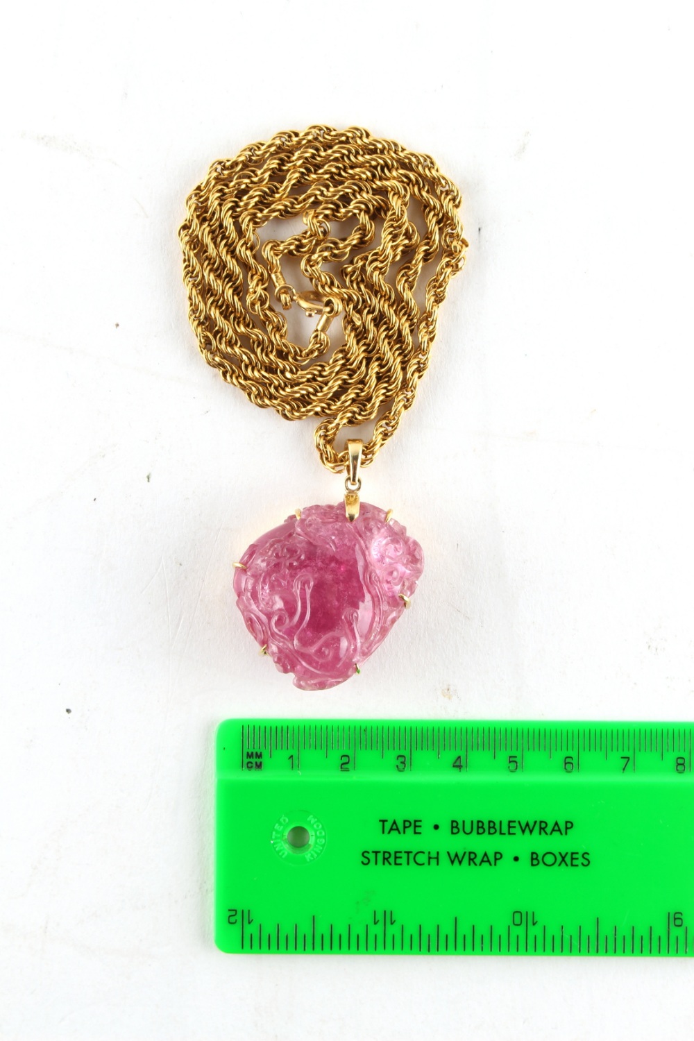 Property of a lady - a large Chinese carved pink tourmaline pendant modelled as two chilong around a - Image 7 of 7