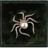 An early 20th century diamond & natural saltwater pearl spider brooch, the certificated natural