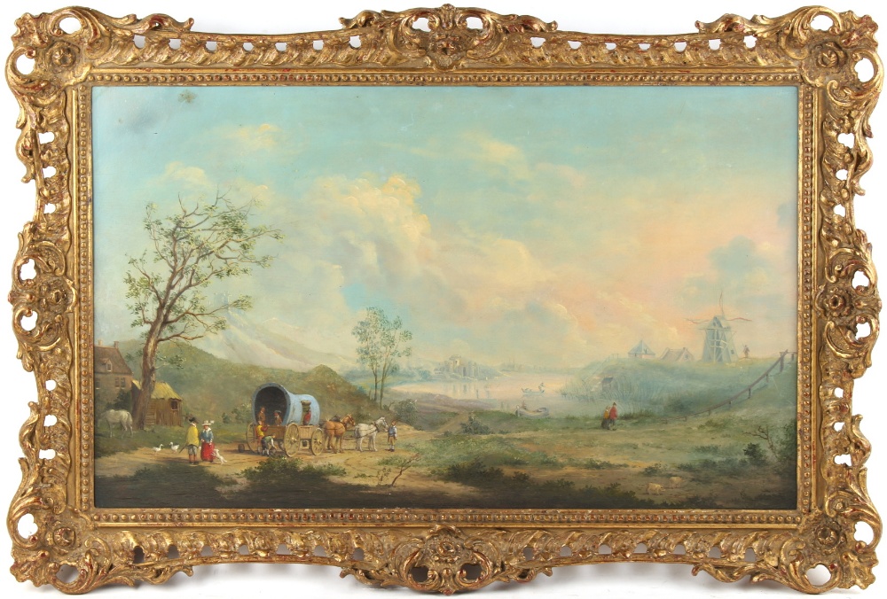 Property of a lady - Dutch school, 19th century - LANDSCAPE WITH FIGURES BY A WAGON & HORSES, A LAKE