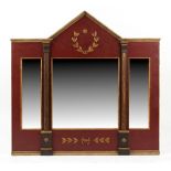 Property of a gentleman - a red & gilt painted architectural wall mirror, with bevelled glass, 51.25