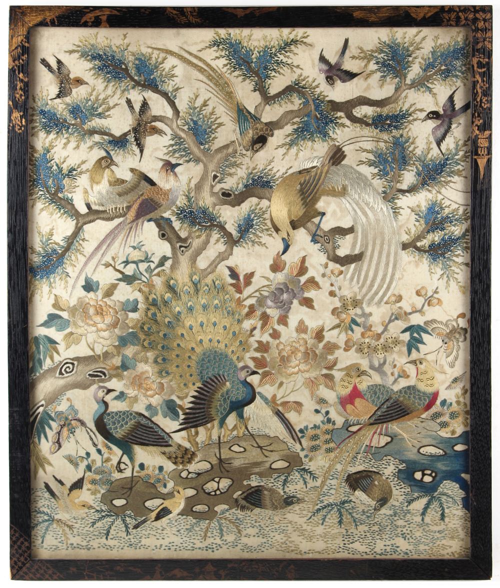 A good Chinese embroidered silk 'Hundred Birds' panel, 19th century, the silk 17 by 14.05ins. (43.