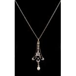 A Belle Epoque style diamond & pearl pendant, the untested oval pearl approximately 5.0mm long,