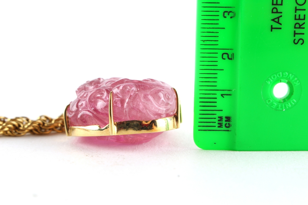 Property of a lady - a large Chinese carved pink tourmaline pendant modelled as two chilong around a - Image 6 of 7