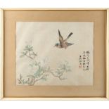 A Chinese painting on silk depicting a bird & flowering branch, with calligraphy & red seal, the