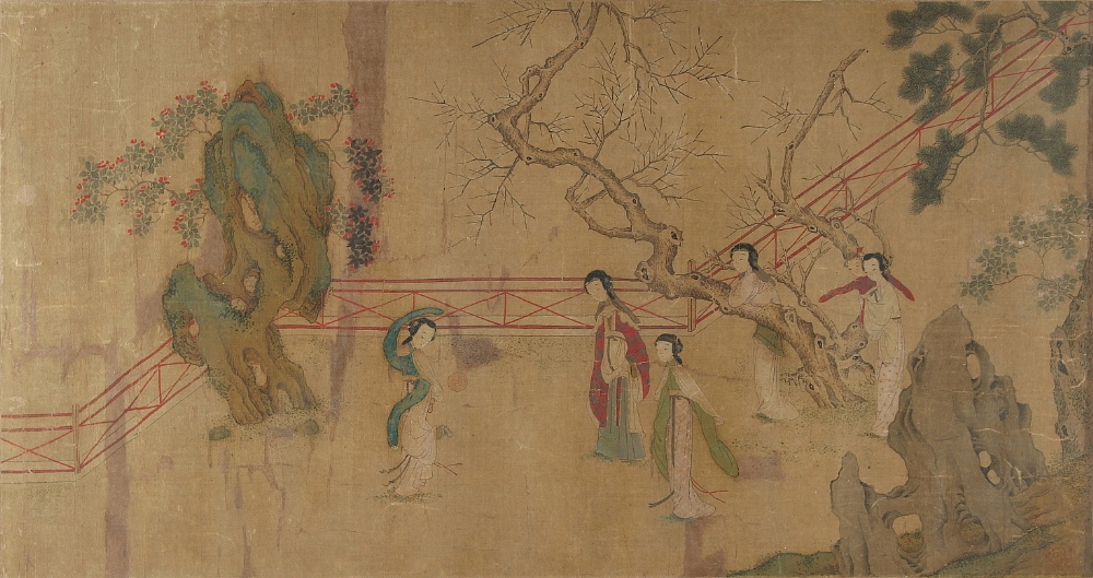 An unusual Chinese painting on silk depicting five ladies & a child in a garden with a ball, 18th