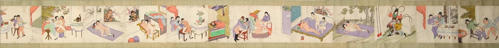 A complete set of twelve Chinese erotic paintings on paper, early 20th century, mounted as a hand - Image 2 of 3