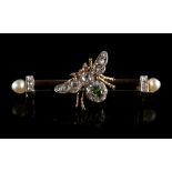 A diamond ruby & demantoid garnet set fly brooch, with untested pearl ends, set with Old