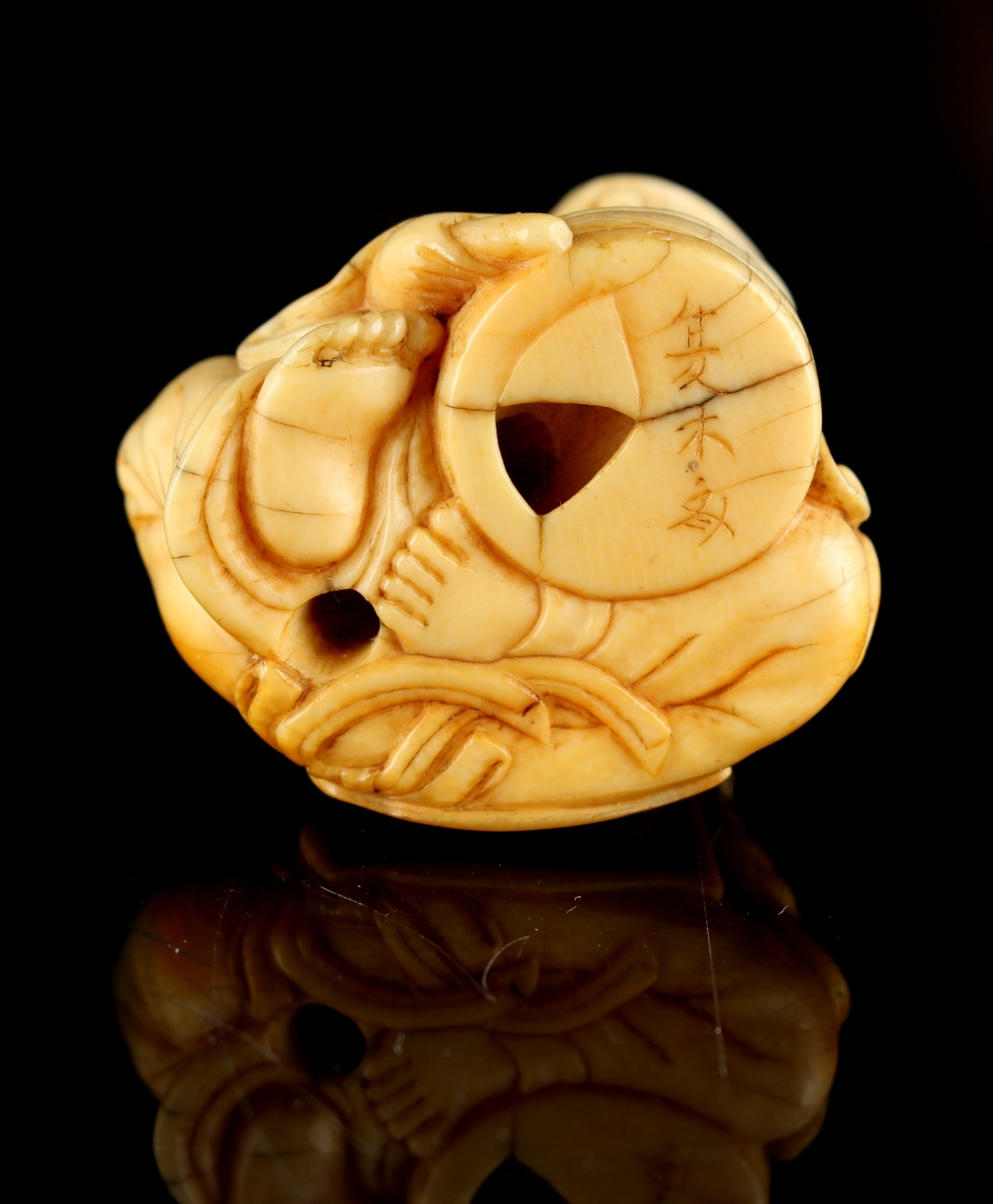 The Gill Collection of Japanese Netsukes - a carved ivory netsuke modelled as a seated boy - Image 6 of 6