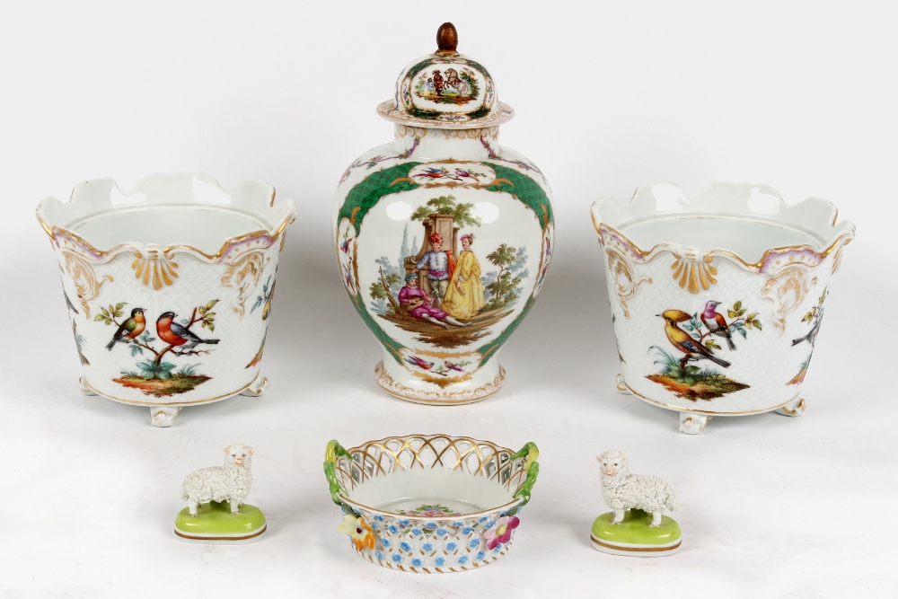 Property of a lady - a pair of early 20th century Meissen style cache pots, decorated with birds,