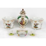 Property of a lady - a pair of early 20th century Meissen style cache pots, decorated with birds,
