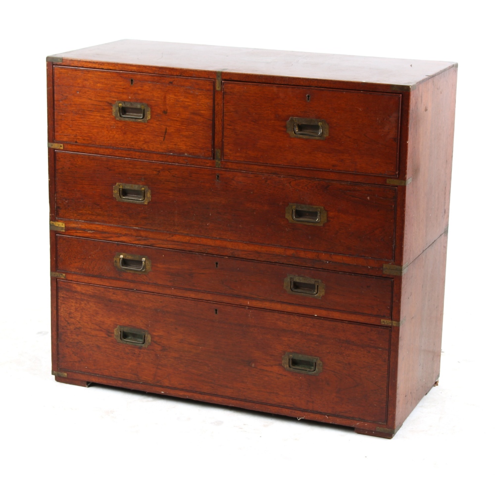 Property of a lady - a 19th century teak & brassbound two-part military campaign secretaire chest, - Image 2 of 2