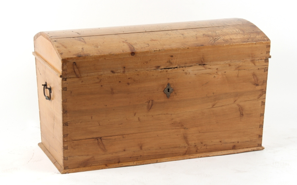 Property of a lady - a Victorian pine domed top trunk with bale handles, 40ins. (115cms.) wide (