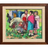 20th century - CHILDREN WITH PONY - oil on canvas, 18.1 by 21.65ins. (46 by 55cms.), framed -