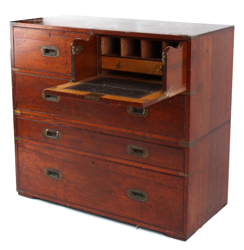 Property of a lady - a 19th century teak & brassbound two-part military campaign secretaire chest,