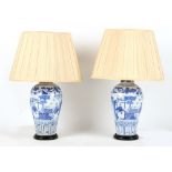 Property of a gentleman - a pair of Chinese blue & white porcelain table lamps, with shades, each