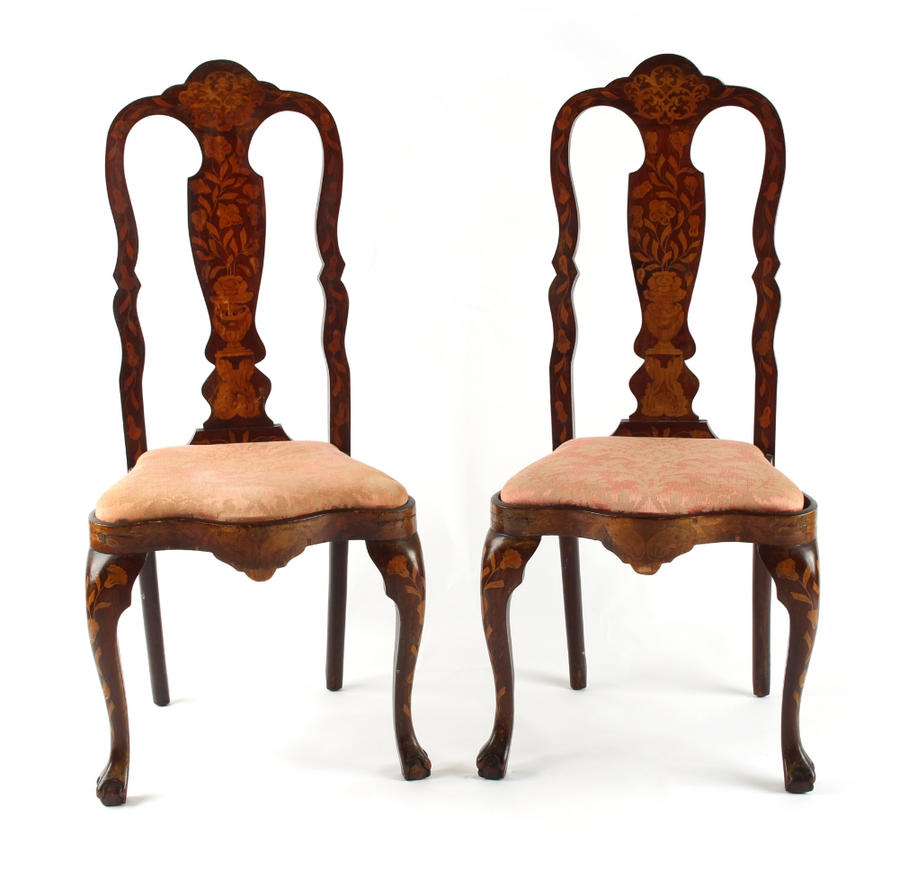 Property of a lady - a pair of Dutch floral marquetry inlaid high-back chairs, first half 19th