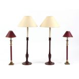 Property of a gentleman - two pairs of dark red / purple painted table lamps with shades (4) (see