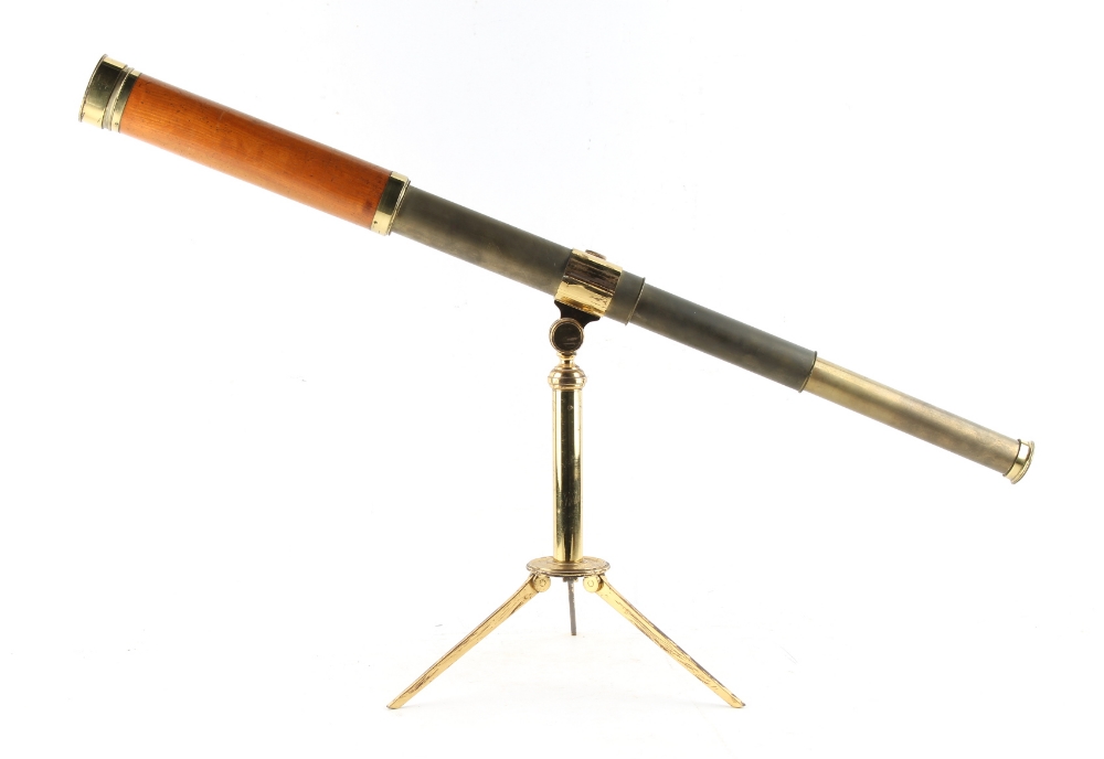 Property of a gentleman - a 19th century lacquered brass & mahogany telescope on folding tripod