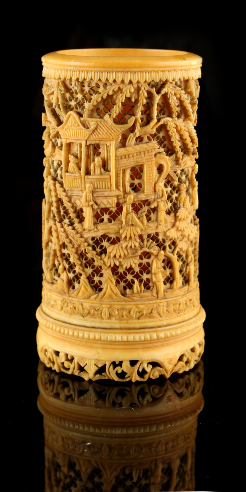 The Ronald Hart Collection - a 19th century Chinese Canton carved & pierced ivory brush pot, bitong, - Image 3 of 5