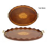 Property of a lady - an Edwardian mahogany galleried oval tray with inlaid shell motif & brass
