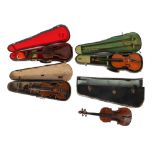 Musical instruments - four late 19th / early 20th century cased violins with two bows (4) (see