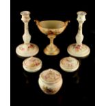Property of a lady - a late Victorian floral painted blush ivory five piece dressing table set