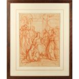 Pre-Raphaelite school, late 19th century - CHRIST SEATED IN TEMPLE - red crayon drawing, 16.6 by