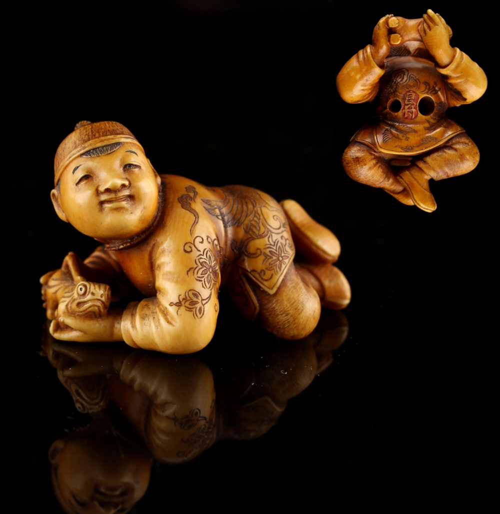 The Ronald Hart Collection of Japanese Netsukes - a carved ivory netsuke modelled as a recumbent boy - Image 8 of 8