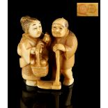 The Gill Collection of Japanese Netsukes - a carved ivory netsuke modelled as a peasant man &