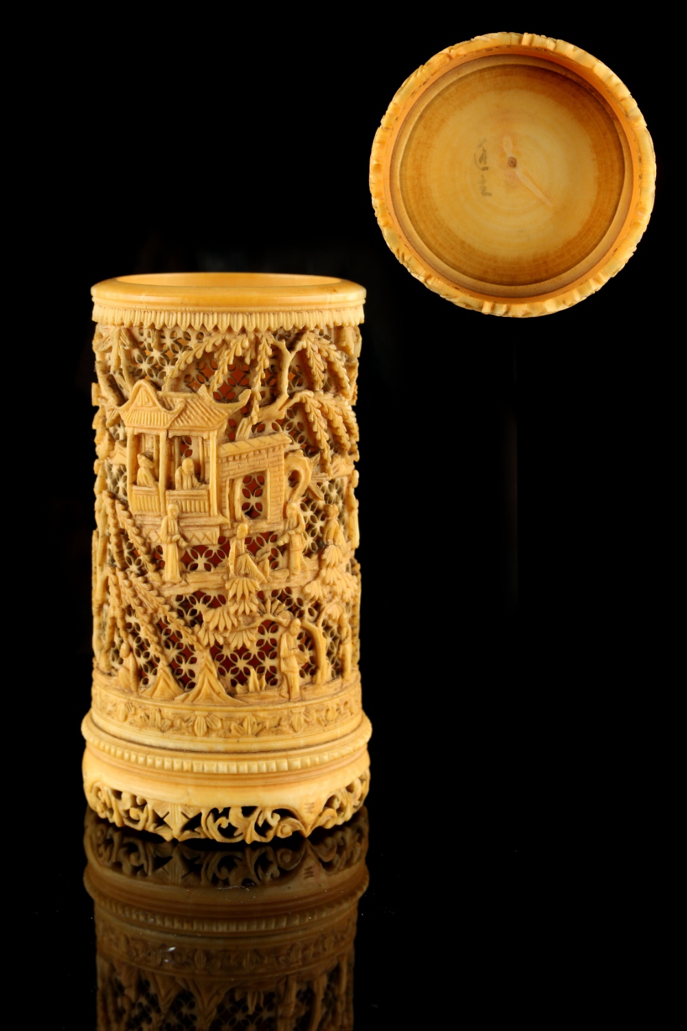 The Ronald Hart Collection - a 19th century Chinese Canton carved & pierced ivory brush pot, bitong,