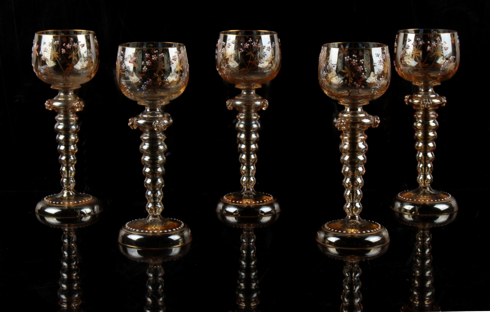 Property of a gentleman - a set of five late 19th / early 20th century hock glasses with enamel