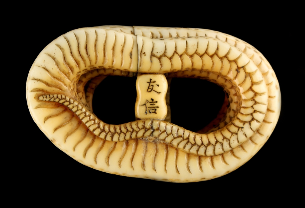 The Ronald Hart Collection of Japanese Netsukes - a carved ivory netsuke modelled as a coiled snake, - Image 7 of 7