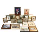 A group of 19 assorted framed pictures including an oil on canvas of a seated female nude by