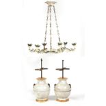 Property of a lady - a pair of Chinese crackle glazed twin light table lamps, restorations; together
