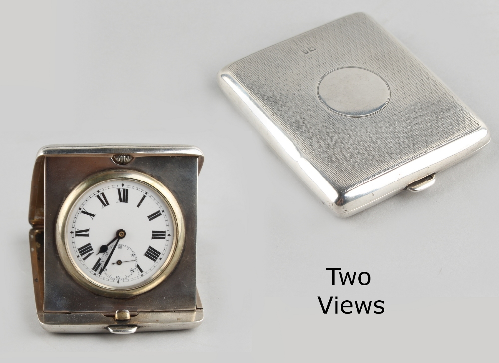 An early 20th century engine turned silver cased travel clock, with 8-day pocket watch movement &