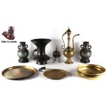 A group of nine assorted Middle and Far Eastern items including a pair of Chinese bronze & cloisonne