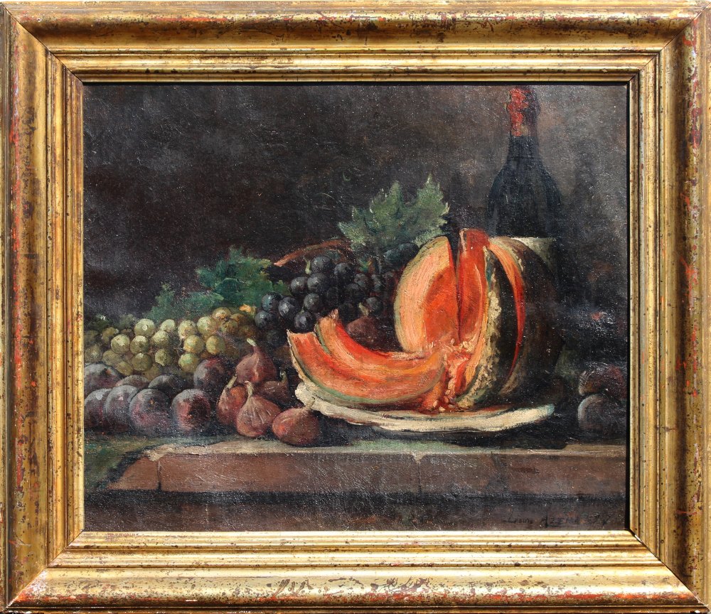 Louis Azema (French, 1876-1973) - STILL LIFE OF MELON, GRAPED AND FIGS - oil on canvas, 18.1 by 21.