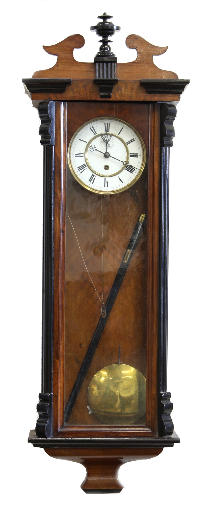 A late 19th century walnut & ebonised cased Vienna regulator style wall clock, the enamel dial