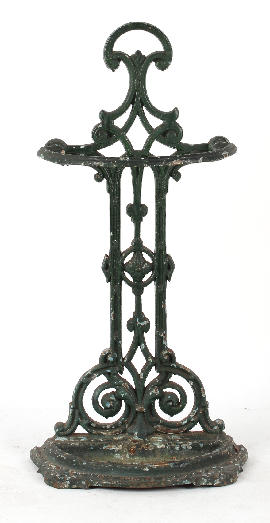 Property of a gentleman - a Victorian green painted cast iron stick stand, 26.75ins. (68cms.)