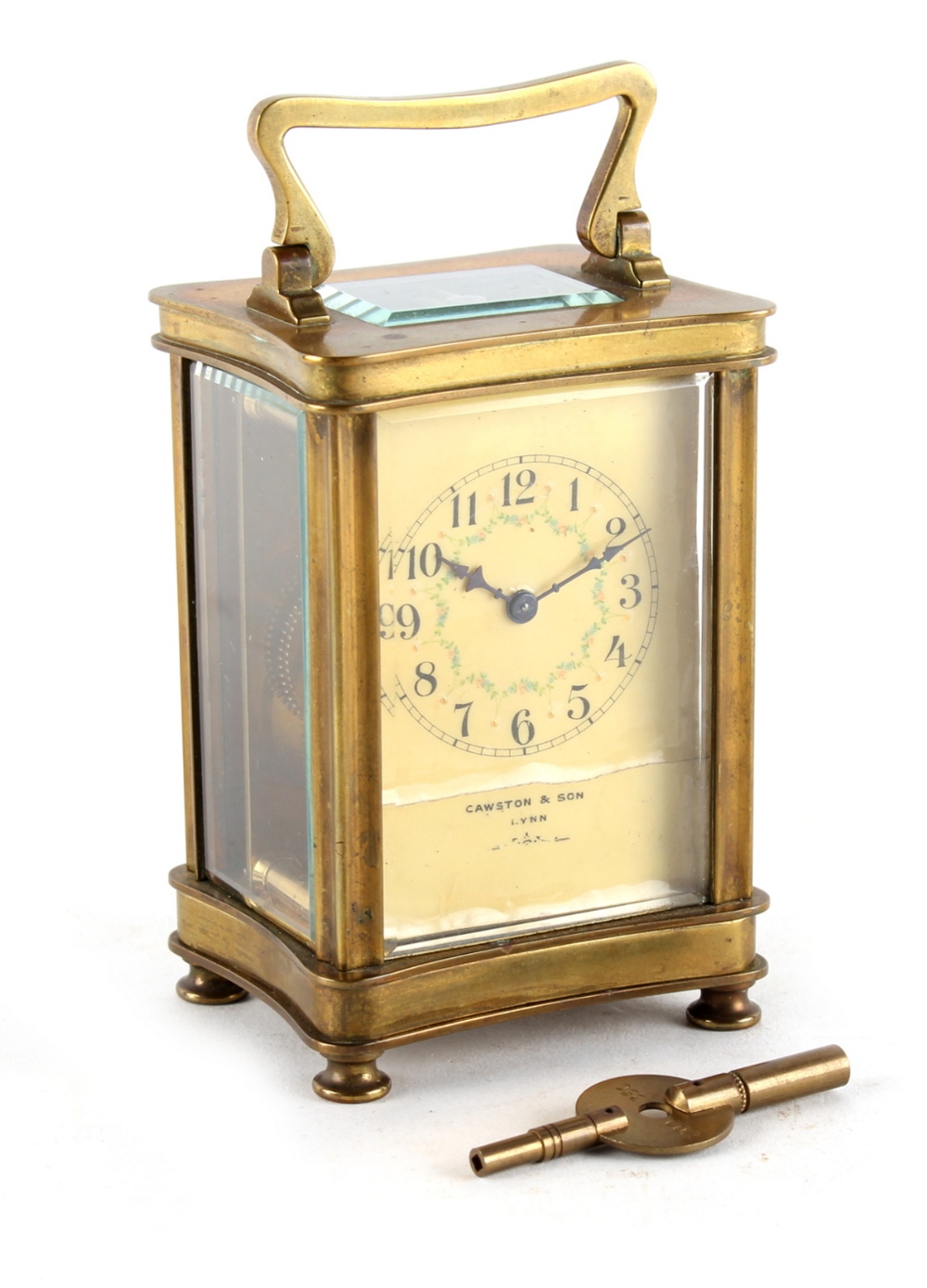 Property of a lady - an early 20th century French brass concave cased carriage clock timepiece, 4.