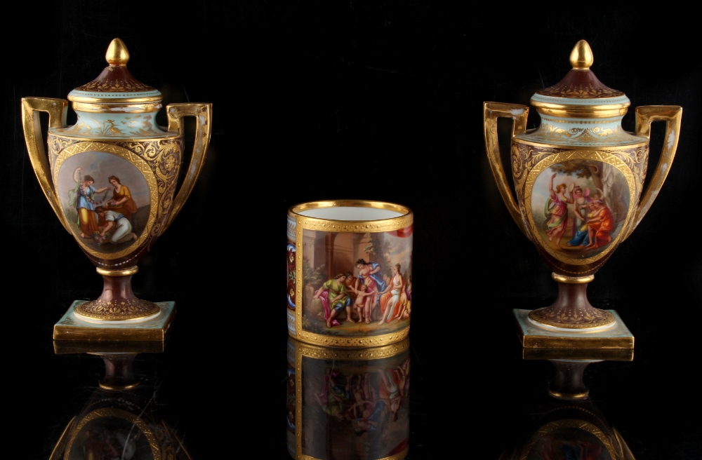 Property of a lady - a small pair of late 19th century Vienna style porcelain vases & covers, each