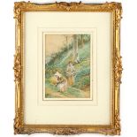 Property of a gentleman - A.W. Cooper (exh.1880-1901) - TWO GIRLS PICKING PRIMROSES - watercolour,