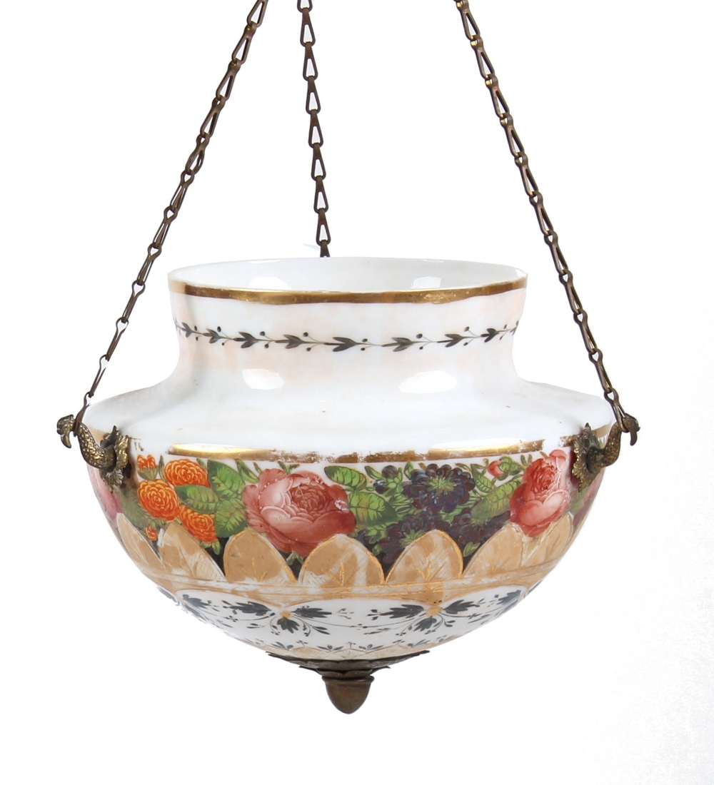 Property of a lady - a French milk glass ceiling light shade with enamel painted floral