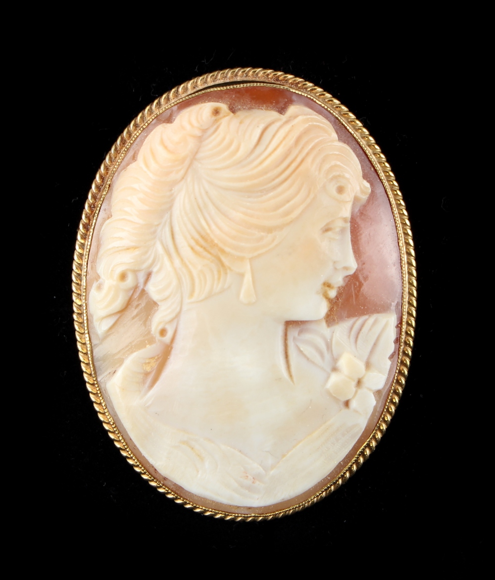 Property of a deceased estate - a 9ct gold mounted oval shell cameo brooch depicting a classical